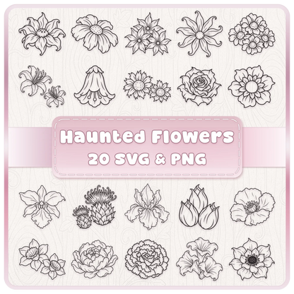 Haunted Flowers SVG and PNG bundle cover showing 20 black floral line art designs on a pale pink and ivory background
