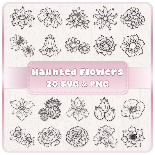 Haunted Flowers SVG and PNG bundle cover showing 20 black floral line art designs on a pale pink and ivory background