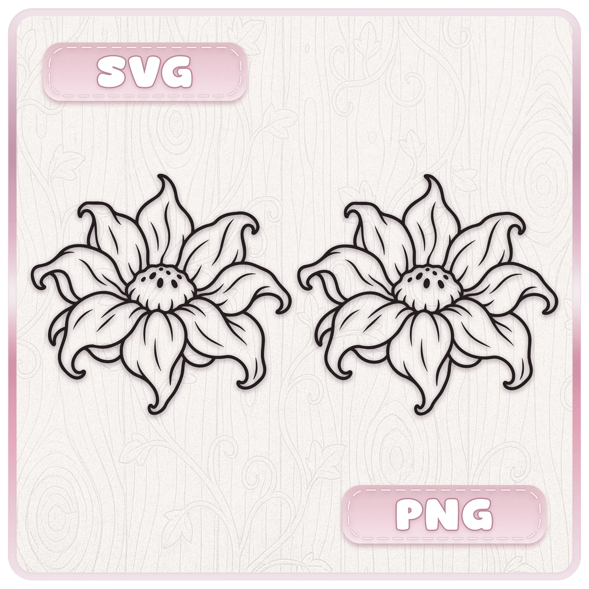 Haunted flower line art shown as SVG and PNG, featuring two matching black outline illustrations of a curled petal flower
