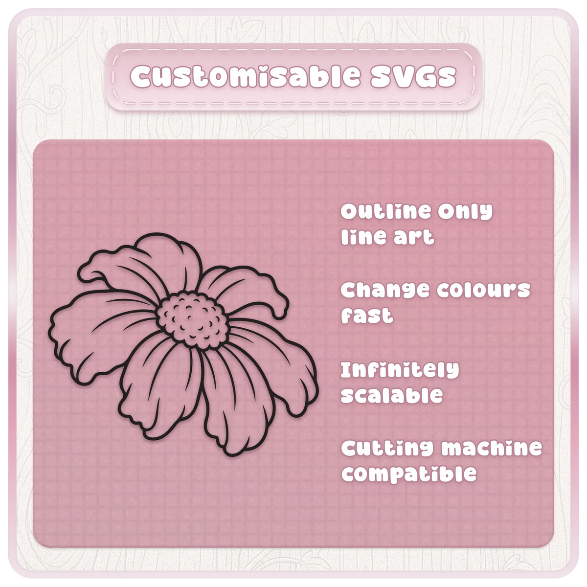 Customisable haunted flower SVG illustration on pink with text about changing colours, scaling and cutting machines