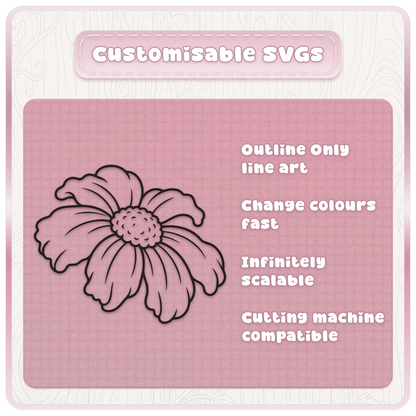Customisable haunted flower SVG illustration on pink with text about changing colours, scaling and cutting machines