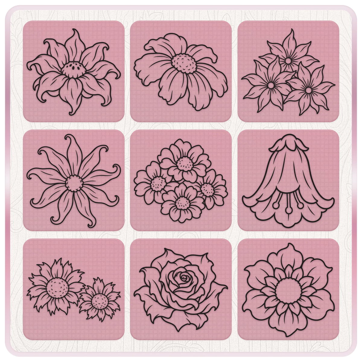 Preview of nine haunted flower SVG designs including daisies, a rose, a bellflower and whimsical blooms in black line art