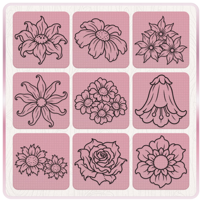 Preview of nine haunted flower SVG designs including daisies, a rose, a bellflower and whimsical blooms in black line art