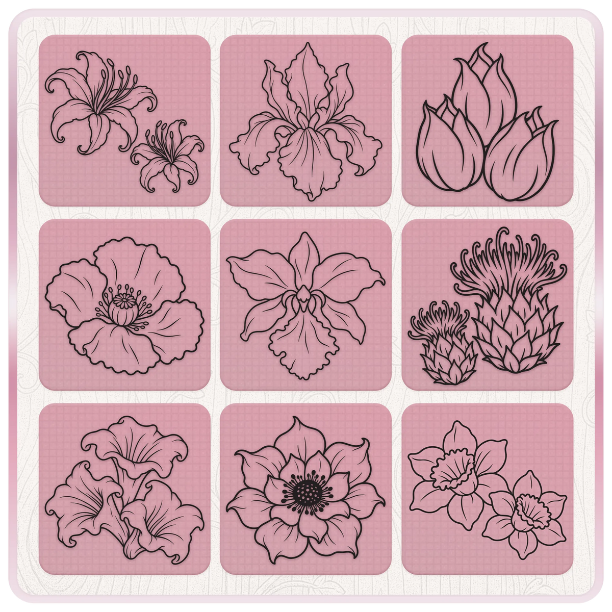 Preview of nine haunted flower PNG designs including lilies, orchids, tulips and daffodils in black line art