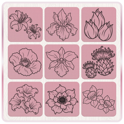 Preview of nine haunted flower PNG designs including lilies, orchids, tulips and daffodils in black line art