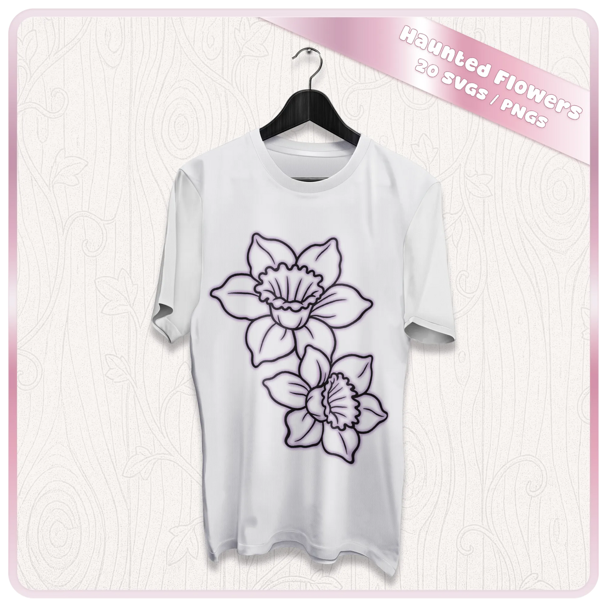 White T-shirt mockup showing two outlined daffodil flowers from the Haunted Flowers SVG and PNG clipart bundle
