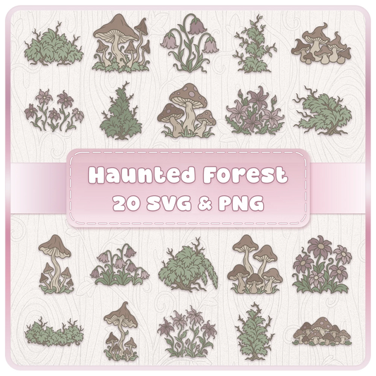 Haunted Forest SVG and PNG bundle with 20 cute spooky woodland clipart designs featuring mushrooms, flowers, bushes and vines.