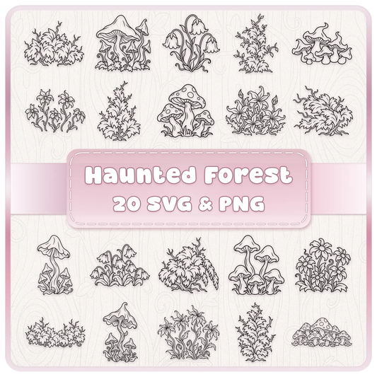 Haunted Forest SVG and PNG bundle featuring 20 spooky woodland line art designs including mushrooms, flowers, bushes and enchanted forest foliage.