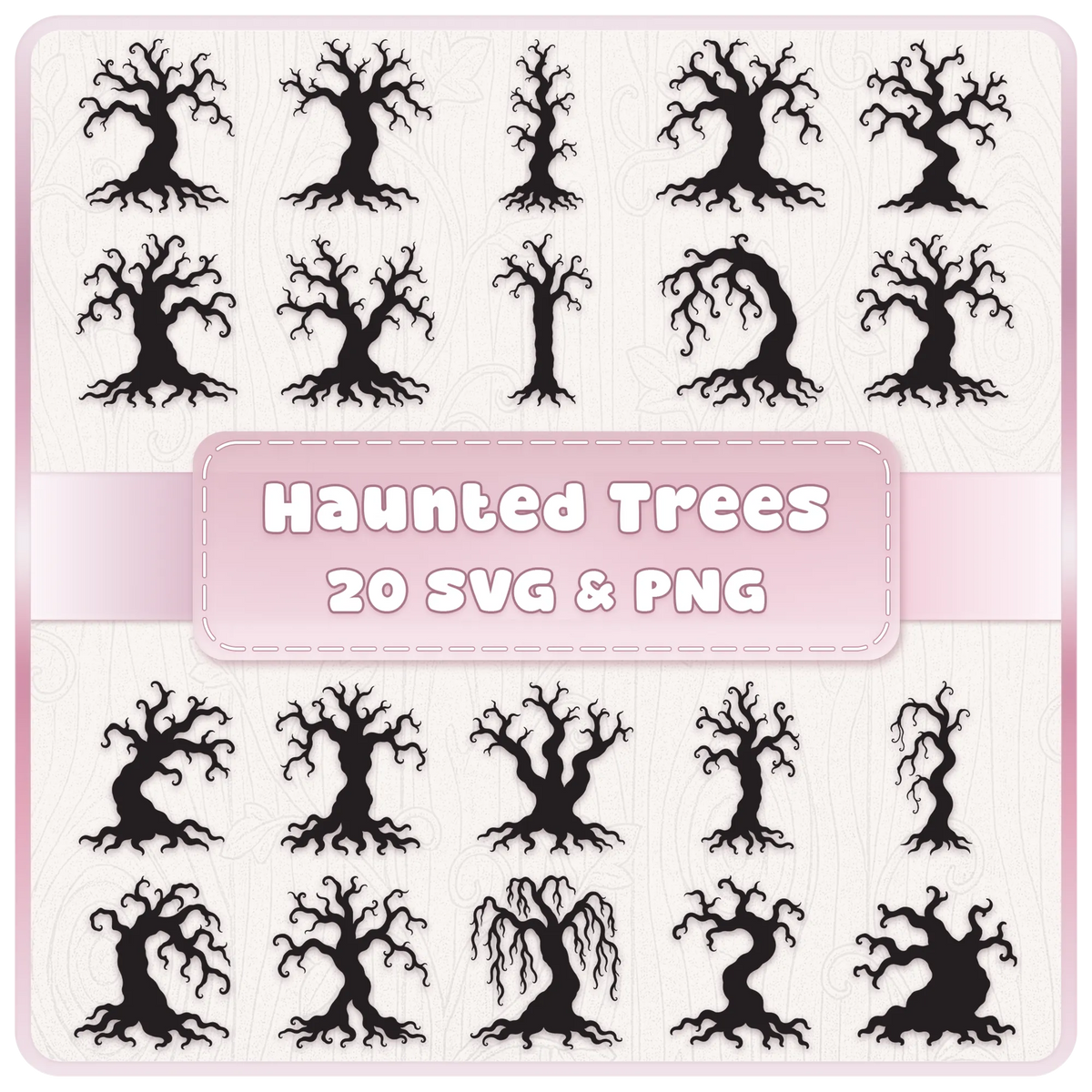 Haunted Forest Trees SVG and PNG bundle featuring 20 spooky twisted tree silhouettes with gnarled branches and roots for Halloween crafts.