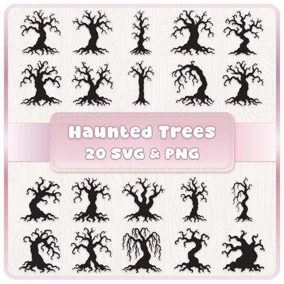 Haunted Forest Trees SVG and PNG bundle featuring 20 spooky twisted tree silhouettes with gnarled branches and roots for Halloween crafts.