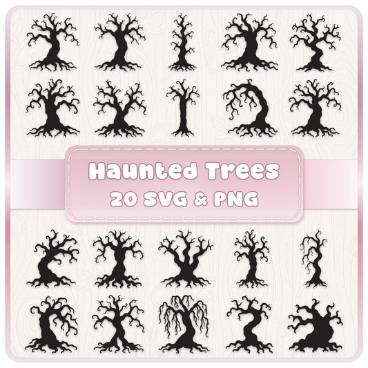 Haunted Forest Trees SVG and PNG bundle featuring 20 spooky twisted tree silhouettes with gnarled branches and roots for Halloween crafts.