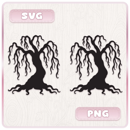 Side-by-side SVG and PNG examples of a spooky haunted willow tree silhouette with twisted branches and hanging vines.