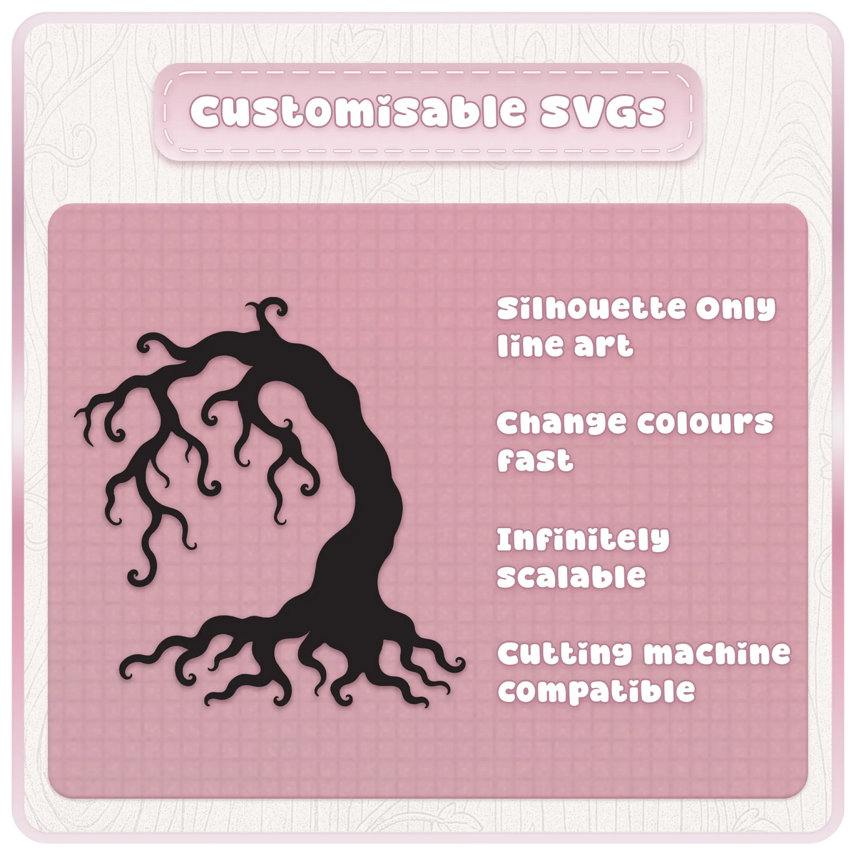 Customisable haunted tree SVG silhouette showing twisted branches and roots with scalable, recolourable design features for cutting crafts.