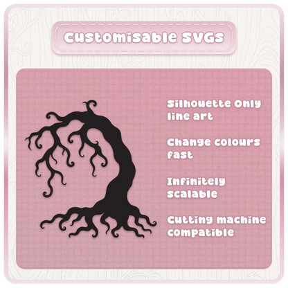 Customisable haunted tree SVG silhouette showing twisted branches and roots with scalable, recolourable design features for cutting crafts.