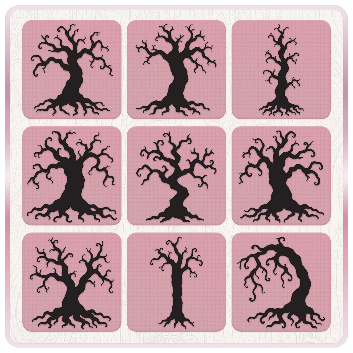 Nine spooky haunted forest tree SVG silhouettes featuring crooked trunks, curling bare branches and exposed roots on pink backgrounds.