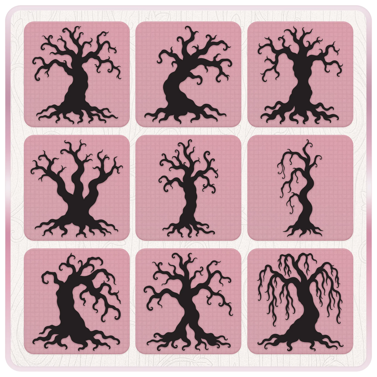 Selection of nine creepy tree silhouettes including twisted woodland trees and a drooping willow design for Halloween SVG and PNG crafts.