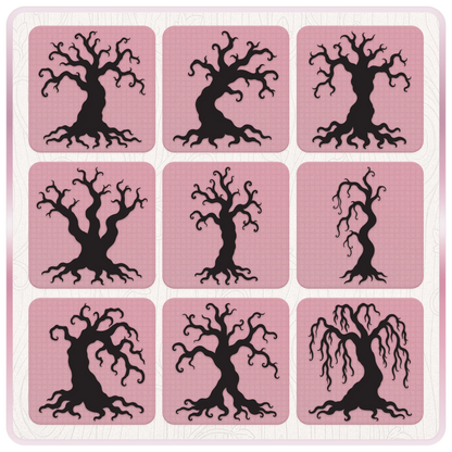 Selection of nine creepy tree silhouettes including twisted woodland trees and a drooping willow design for Halloween SVG and PNG crafts.