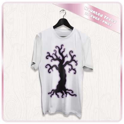 White T-shirt mockup featuring a spooky haunted tree silhouette with purple glow, showcasing a Halloween SVG design for clothing crafts.