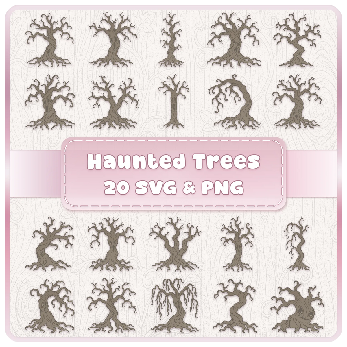 Haunted Forest Trees SVG and PNG bundle featuring 20 spooky twisted tree clipart designs with gnarled roots and branches.