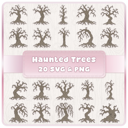 Haunted Forest Trees SVG and PNG bundle featuring 20 spooky twisted tree clipart designs with gnarled roots and branches.