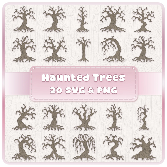 Haunted Forest Trees SVG and PNG bundle featuring 20 spooky twisted tree clipart designs with gnarled roots and branches.