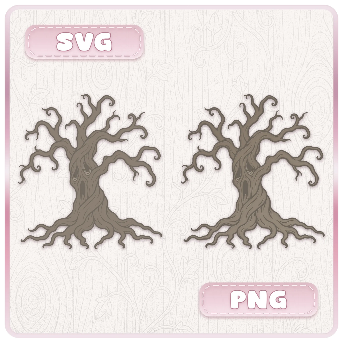 Haunted tree SVG and PNG clipart comparison showing a spooky woodland tree with twisted branches, exposed roots and eerie details.