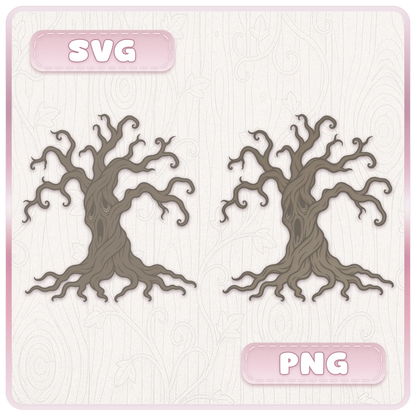 Haunted tree SVG and PNG clipart comparison showing a spooky woodland tree with twisted branches, exposed roots and eerie details.
