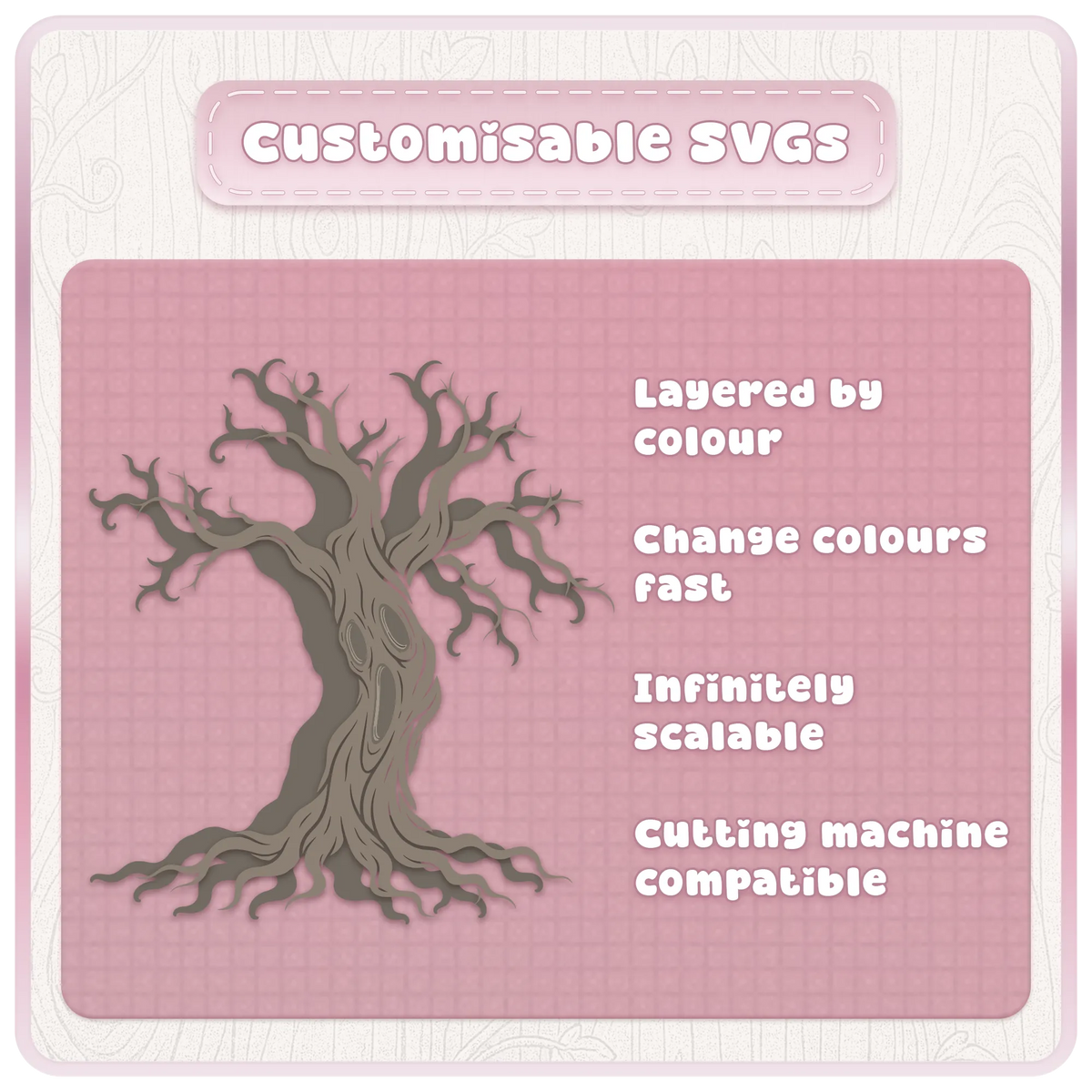 Customisable haunted forest tree SVG with colour-layered design, scalable vector artwork and cutting machine compatibility.