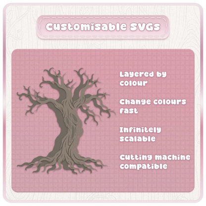 Customisable haunted forest tree SVG with colour-layered design, scalable vector artwork and cutting machine compatibility.