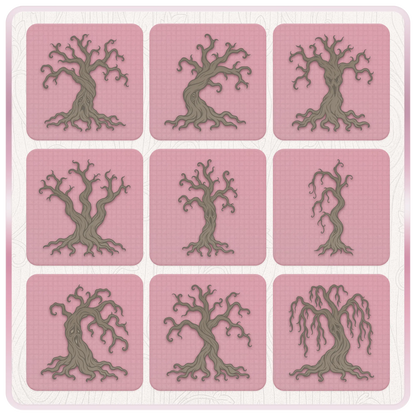 Nine spooky tree clipart illustrations including weeping, crooked and twisted haunted trees for Halloween and gothic woodland crafts.