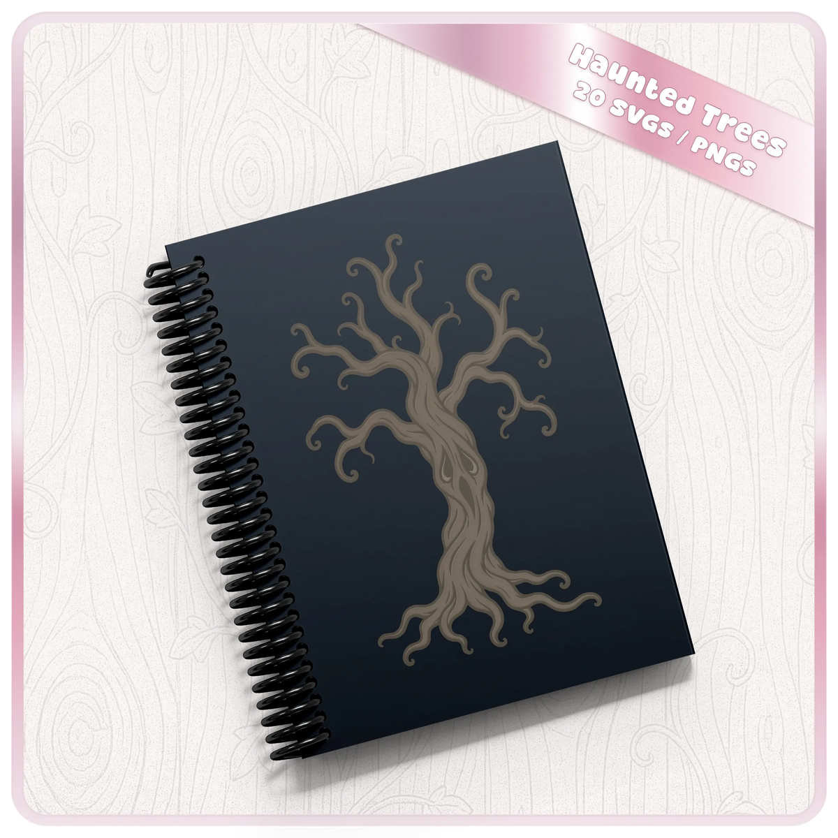 Haunted forest tree PNG clipart design displayed on a dark spiral notebook, showing a spooky woodland illustration for custom crafts.