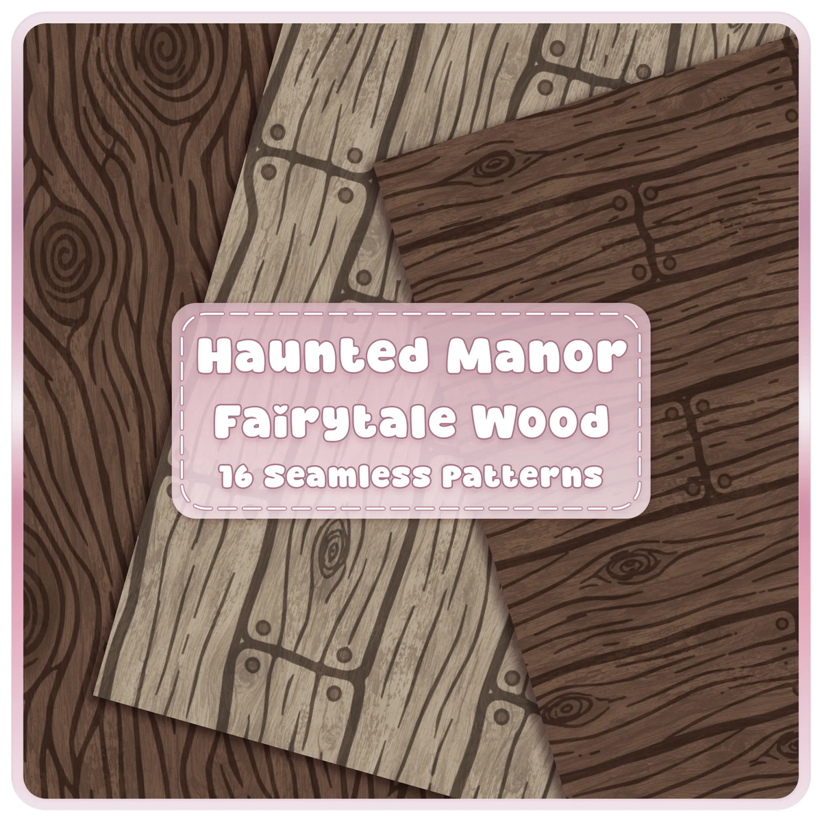 Haunted Manor fairytale wood seamless patterns in dark brown and weathered grey with rustic plank and wood grain designs