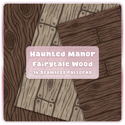 Haunted Manor fairytale wood seamless patterns in dark brown and weathered grey with rustic plank and wood grain designs