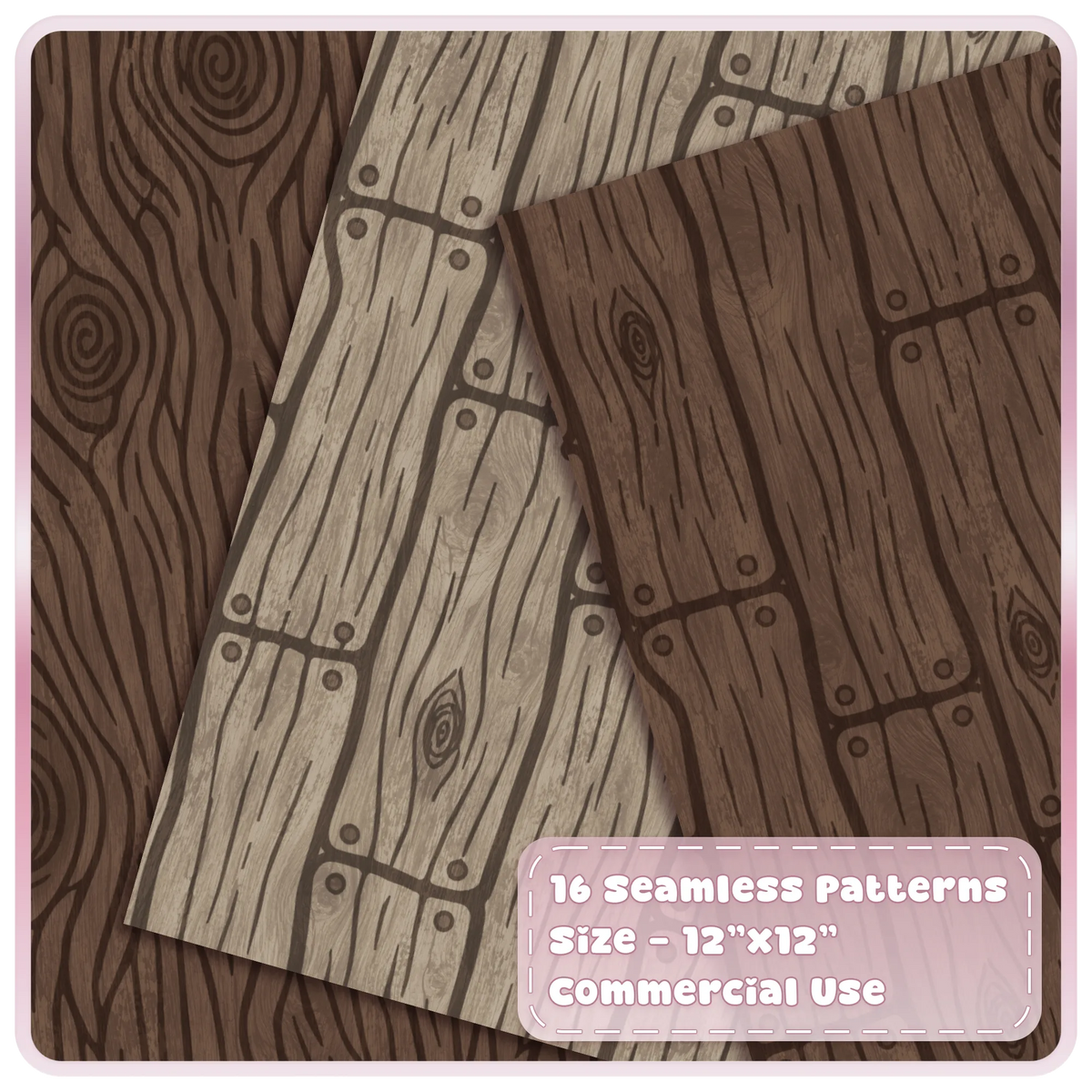 Dark brown and weathered grey seamless wood patterns with hand drawn planks, knots and rustic timber grain