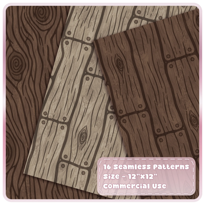 Dark brown and weathered grey seamless wood patterns with hand drawn planks, knots and rustic timber grain