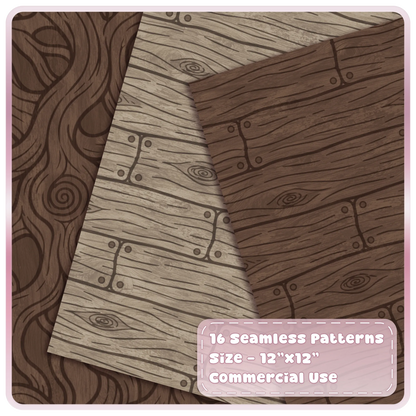 Haunted Manor seamless wood patterns in dark brown and distressed grey with rustic planks and swirling timber grain