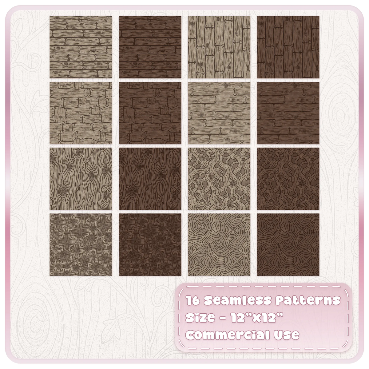 Collection of 16 dark fairytale wood seamless JPG patterns with aged planks, knots and gothic timber textures