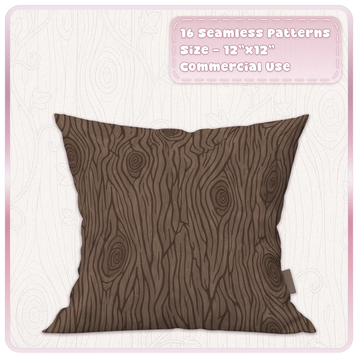 Dark fairytale wood grain seamless pattern displayed on a cushion mockup with swirling rustic timber texture