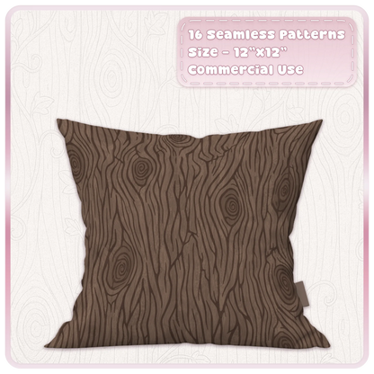 Dark fairytale wood grain seamless pattern displayed on a cushion mockup with swirling rustic timber texture