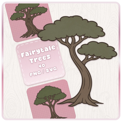 Fairytale Haunted Trees SVG and PNG bundle cover featuring a large spooky green-grey tree with a curved trunk, dark woodland style, and pink digital download labels.