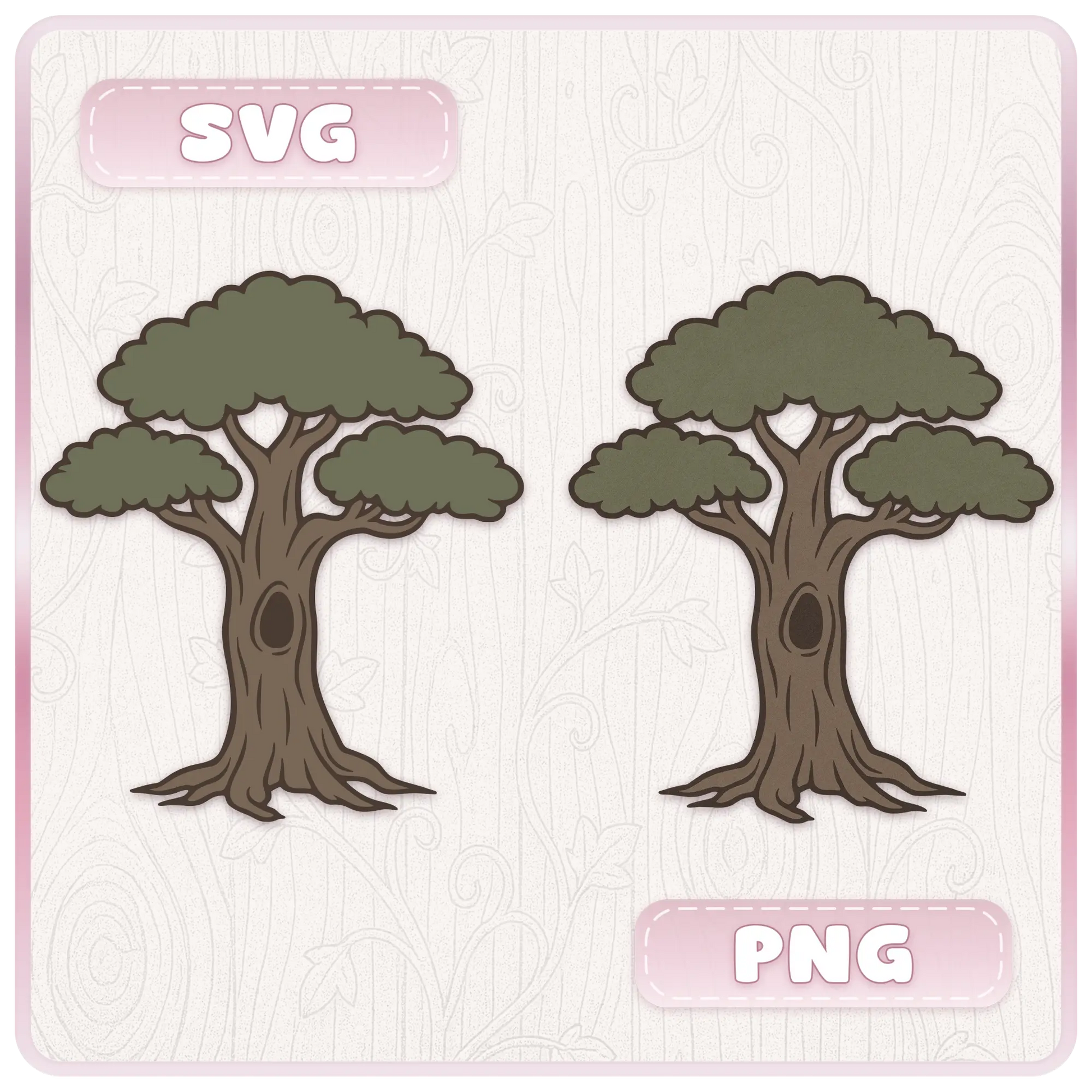 Fairytale Haunted Trees file format preview showing two spooky tree designs with muted green foliage, dark trunks, SVG and PNG labels, and cutting machine friendly artwork.