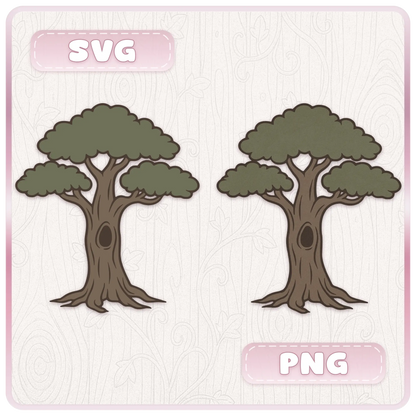 Fairytale Haunted Trees file format preview showing two spooky tree designs with muted green foliage, dark trunks, SVG and PNG labels, and cutting machine friendly artwork.