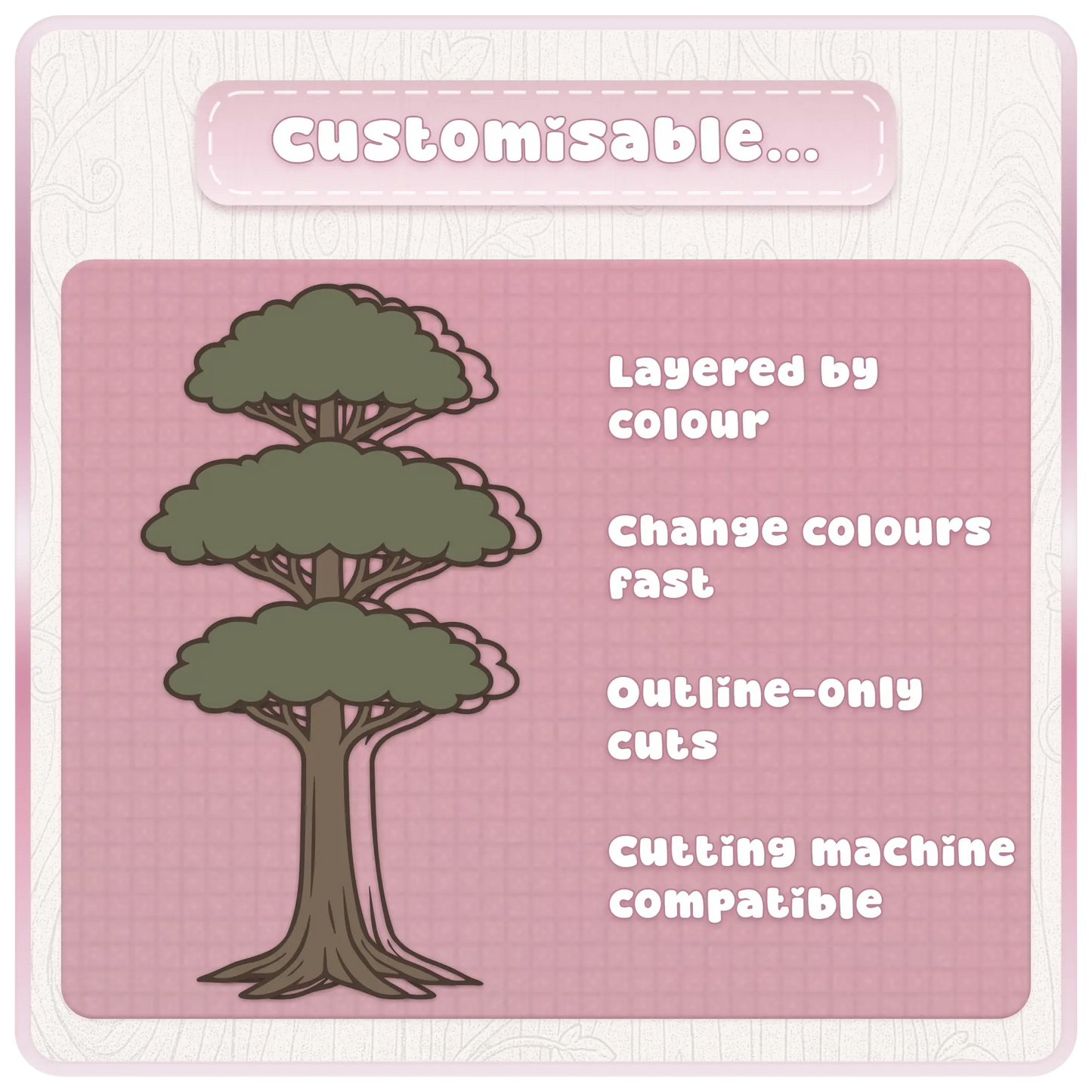 Customisable Fairytale Haunted Trees SVG preview showing layered spooky tree clipart with editable colours, outline-only cuts, and cutting machine compatible design features.