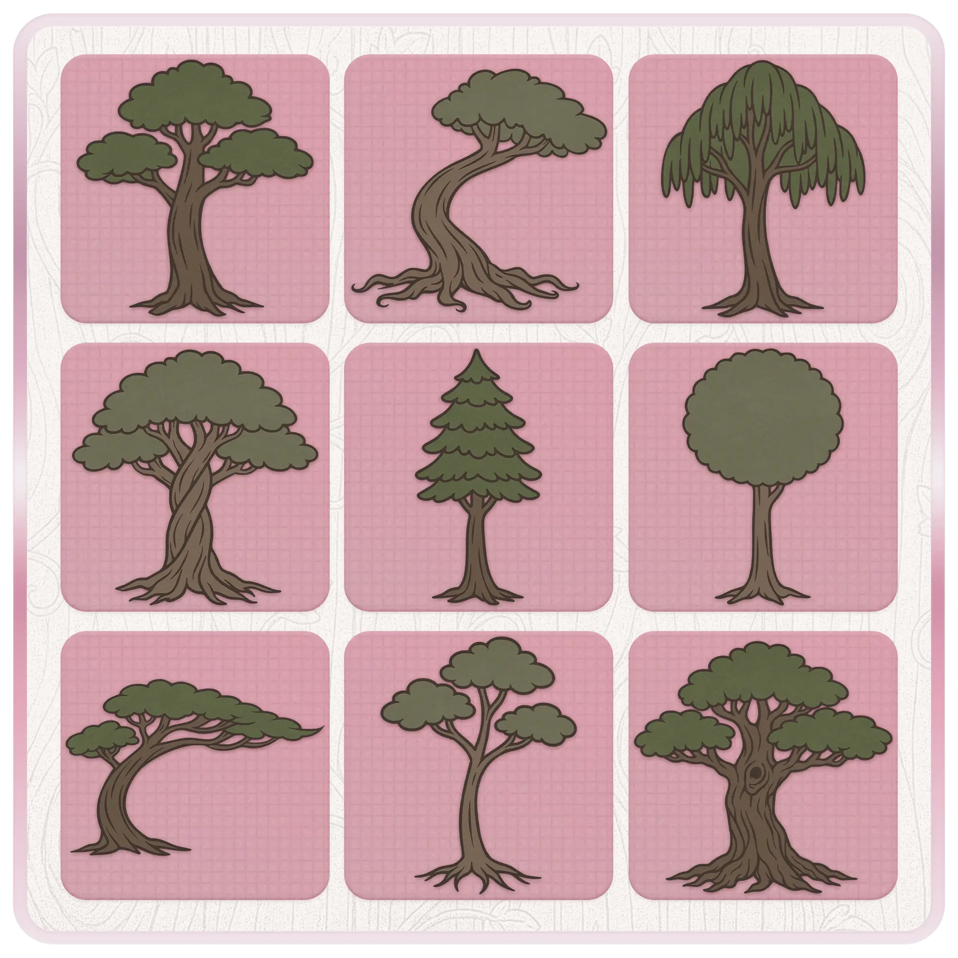 Haunted tree clipart preview sheet featuring nine spooky fairytale tree SVG designs with twisted trunks, pine tree, willow tree, leafy canopies, and dark woodland styling.