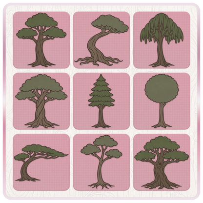 Haunted tree clipart preview sheet featuring nine spooky fairytale tree SVG designs with twisted trunks, pine tree, willow tree, leafy canopies, and dark woodland styling.