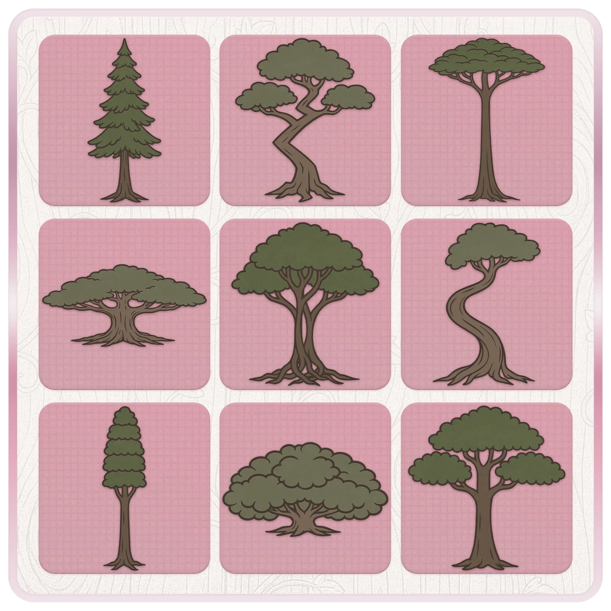 Spooky woodland tree clipart collection featuring haunted forest trees, curved fantasy trunks, leafy dark trees, pine trees, and gothic fairytale SVG designs on pink preview cards.