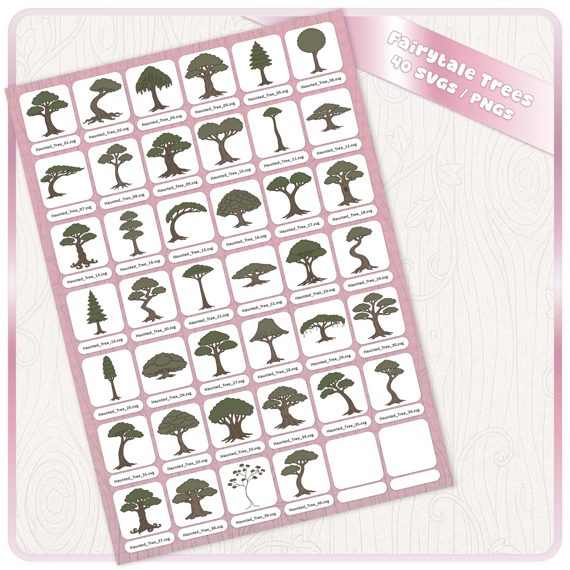 Full preview sheet of Fairytale Haunted Trees 40 SVG and PNG digital download bundle with assorted spooky woodland tree clipart files for Halloween crafts and dark fantasy printables.