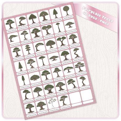 Full preview sheet of Fairytale Haunted Trees 40 SVG and PNG digital download bundle with assorted spooky woodland tree clipart files for Halloween crafts and dark fantasy printables.