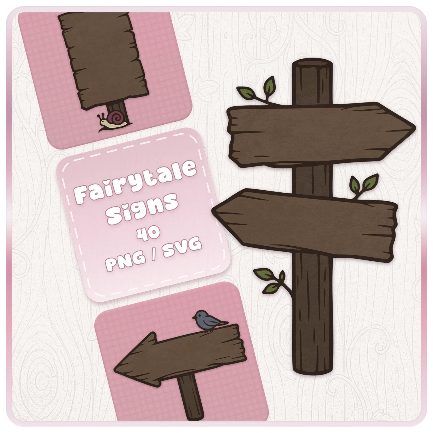 Fairytale Haunted Wooden Signs SVG and PNG bundle cover featuring dark rustic wooden signposts, blank arrow signs, snail detail, bird clipart, and spooky forest craft graphics.