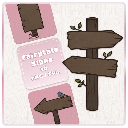 Fairytale Haunted Wooden Signs SVG and PNG bundle cover featuring dark rustic wooden signposts, blank arrow signs, snail detail, bird clipart, and spooky forest craft graphics.
